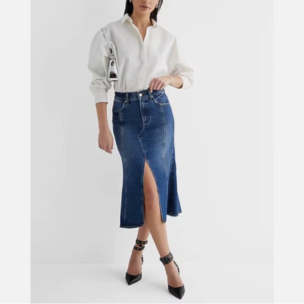Express Super High Waisted Flare Hem Front Slit Denim Midi Skirt 8 - Picture 10 of 10